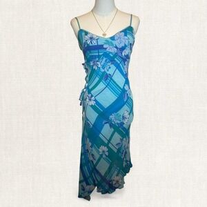 Y2K Blue Floral Slip Dress Hot Kiss Lace Up Side Tropical Fairy